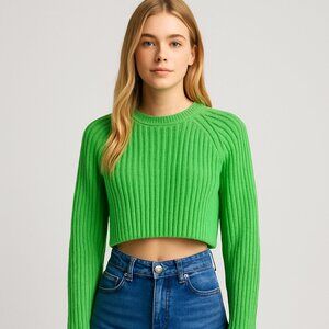 ZARA Bright Neon Green Ribbed Cropped Long Sleeve Crew Neck Sweater Cotton S